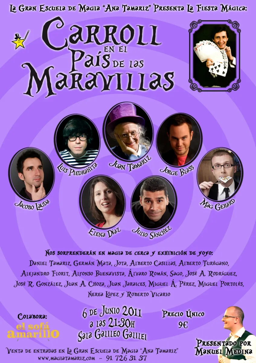 Cartel de la gala Carroll en el País de las Maravillas con Juan Tamariz, Jorge Blass, Luis Piedrahita, Elena y Julio Sánchez en la Sala Galileo Galilei